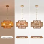 Widluth17.7 Rattan Pendant Light, Hand-Woven Boho Farmhouse Hanging Light Fixture, Drum Wicker Rattan Chandelier for Kitchen Island, Bedroom, Dining Room, Entryway - color: Gold 17.7"