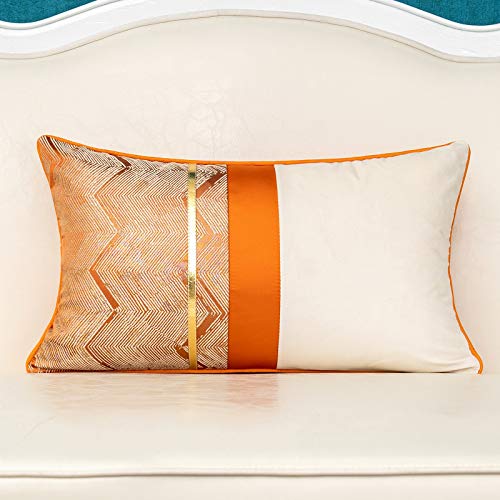 Alerfa 12 x 20 Inch Orange White Geometric Striped Gold Leather Patchwork Velvet Cushion Case Luxury Modern Lumbar Throw Pillow Cover Decorative Pillow for Couch Sofa Living Room Bedroom Car - color: Orange, size: 20" x 12" (Pack of 1)
