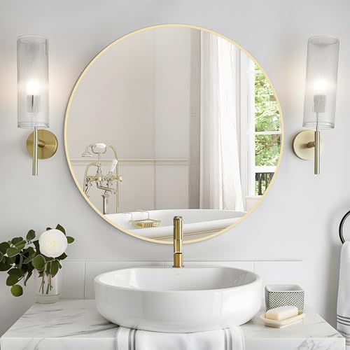 WallBeyond 28 inch Round Mirror Gold Large Circle Wall Mirror for Bathroom with Metal Framed, Round Wall Mirror for Wall Decor, Vanity, Entryway Living Room - color: Metal Gold, size: 28"L x 28"W
