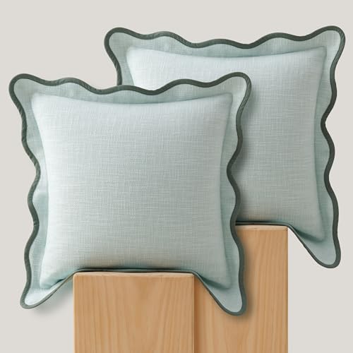 Double Stitch Scalloped Throw Pillow Covers - 100% Cotton Set of 2 Decorative Boho Pillow Covers 18 x 18, Made in India, Square Cushion Case, Modern Home Decor for Couch Sofa Living Room, Aqua Mint - color: Aqua Mint, size: 18" x 18" (Pack of 2)