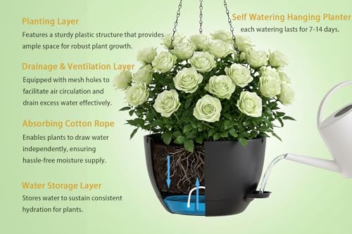 Hanging Planters, 3-Pack 10 Inch Self-Watering Pots with Drainage Holes and Chains, Matte Plastic Planters for Indoor/Outdoor Plant（Black） - color: Black, size: 10 inches