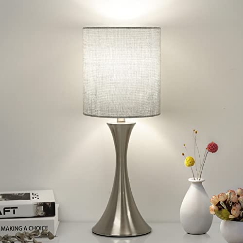 3 Way Touch Control Table Lamp, Dimmable Bedside Desk Lamp with Metal Base Modern Nightstand Lamp Stylish Grey Shade Simple Side Table Lamp for Bedroom, Living Room, Office or Den LED Bulb Included - color: Silver Base with Gray Shade