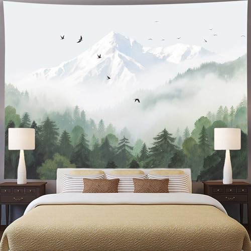 Aidatain Mountain Forest Tapestry, Misty Foggy Green Tree Watercolor Nature Landscape Wall Tapestry, Size 80" L x 60" W Art Tapestries for Living Room Dorm Bedroom Home Decor GTTLAT4 - color: Mountain Forest