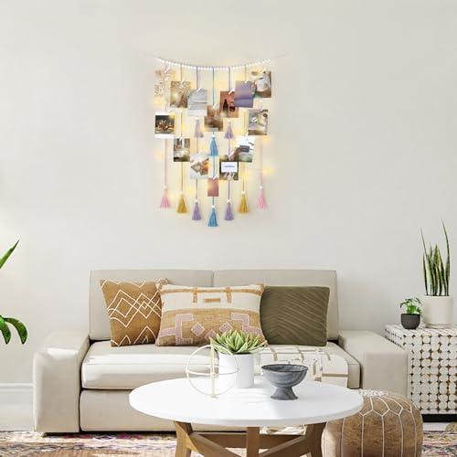 Mkono Macrame Hanging Photo Display Wall Decor with String Lights Boho Room Bedroom Wooden Beads Garland Picture Greeting Cards Holder with 30 Clips - color: Multi Color, size: Medium