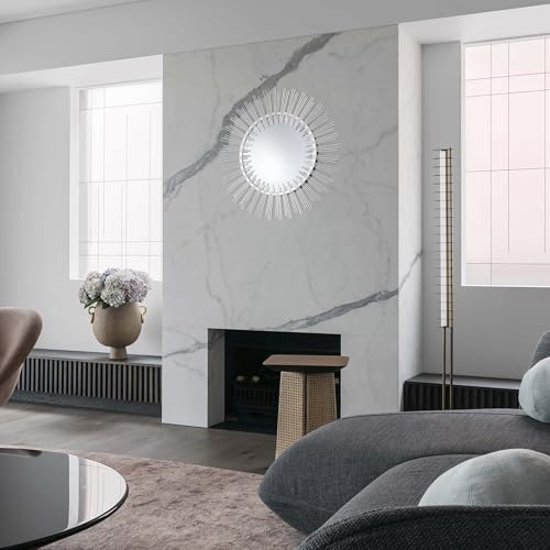 Edvivi Round 31" Silver Sunburst Hanging Wall Mirror with Metal Frame, Decorative Mirror for the Living Room, Bedroom, Bathroom, Hallway, and Entryway - color: Silver