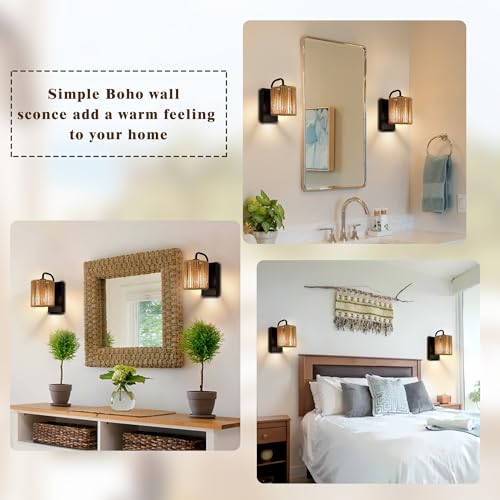 Boho Wall Sconce, Rattan Wall Light Fixtures with Hemp Rope Sconces for Living Room Bathroom Hallway Rustic Bohemian Modern Woven Scocne E26 10inch - color: Woven Rattan Style