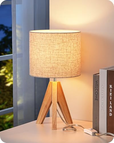 EDISHINE Small Table Lamp, Boho Bedside Lamp with Linen Fabric Shade, Wood Tripod Nightstand Lamp for Nursery, Living Room, Bedroom, Narrow End Table, UL Listed, 14.2 Inch, ON/Off Switch - style: Vintage