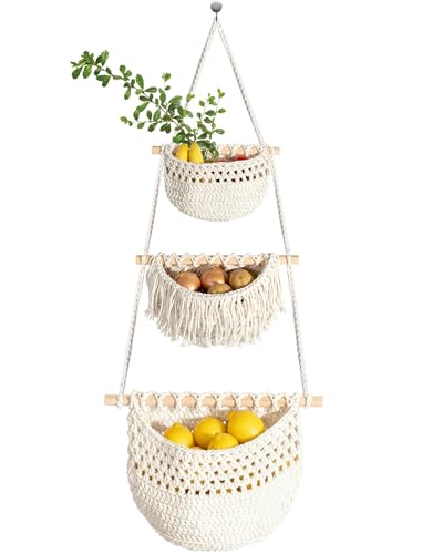 3 Tier Hanging Fruit Basket, Jute Wall Baskets, Hanging Produce Baskets for Storage Fruits and Vegetables, Hang Basket Wall for Kitchen, Bedroom, Bathroom (White) - color: White, size: 3 Tier / Standard