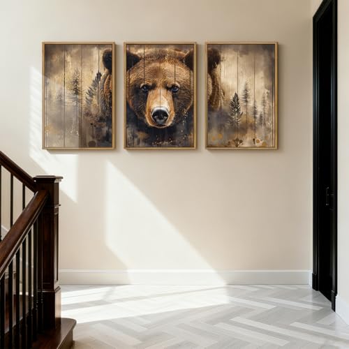 ANHUIB Brown Bear Wall Art 16x24 Inch Forest Paintings Rustic Wildlife Wall Decor Set of 3 for Living Room Bedroom Dining Room - color: Brown Bear, size: 24"L x 16"W