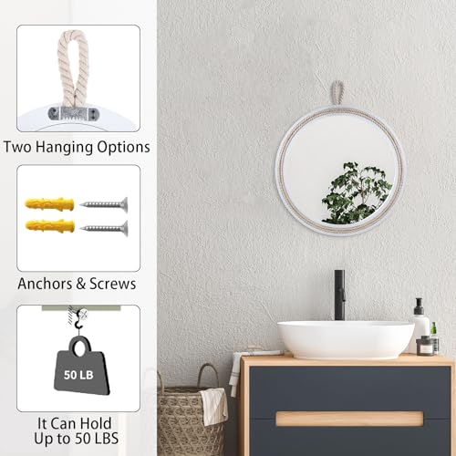 Small Decorative Mirror 11.4'' Round Hanging Mirror for Wall Nautical Rope Mirror for Bathroom Office Living Room All Occasions, White Accent 2 - size: 11.8"L x 11.8"W