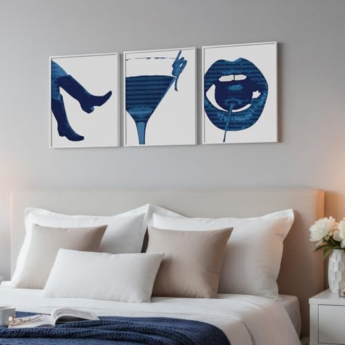 Framed Navy Blue Pop Wall Art for Room Decor, 3 Piece Funky Cocktail Boot Lip Artwork for Walls, Trendy Preppy Canvas Prints, Modern Blue Picture for Living Room Bedroom Apartment Wall Decor, 12x16 In - color: Navy Blue