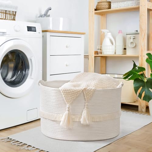 67L Large Blanket Basket, 20"x13" Woven Storage Baskets With Handle, Cotton Rope Blanket Basket Living Room, Baby Laundry hamper for Blanket, Nursery, Toy, Pillow (White) - color: White, size: 67L