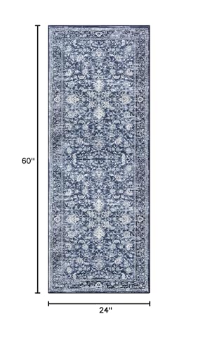 KILOCOCO Hallway Runner 2x5 Printed Vintage Floral Washable Kitchen Runner Rug Non-Slip Runners for Hallways Distressed Boho Runners for Bedroom Laundry Room, Navy Blue - color: Blue/Navy/White, size: 2' x 5' (Runner)