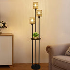 Boho Floor Lamp with Shelves, 3-Lights Farmhouse Tall Floor Lamp with ON/Off Foot Switch, Rustic Standing Lamp with Rattan Shades for Living Room Bedroom Office - style: Black-Rattan Shade