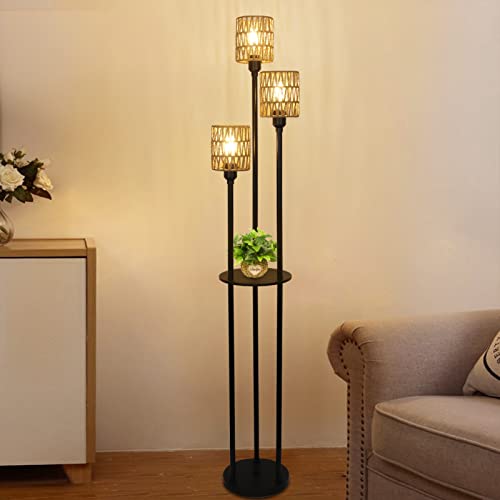 Boho Floor Lamp with Shelves, 3-Lights Farmhouse Tall Floor Lamp with ON/Off Foot Switch, Rustic Standing Lamp with Rattan Shades for Living Room Bedroom Office - style: Black-Rattan Shade