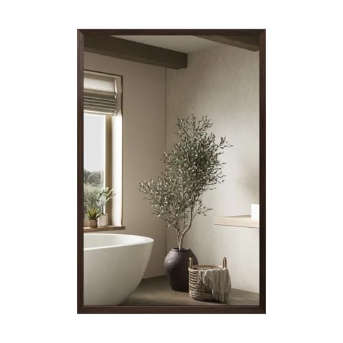 Walnut Wood Bathroom Mirrors for Wall Mounted, 32" x 20" Rectangle Rustic Wood Framed Wall Mirror, Decorative Farmhouse Mirror for Bathroom, Bedroom, Entryway, Horizontally/Vertically - color: Walnut, size: 32"L x 20"W