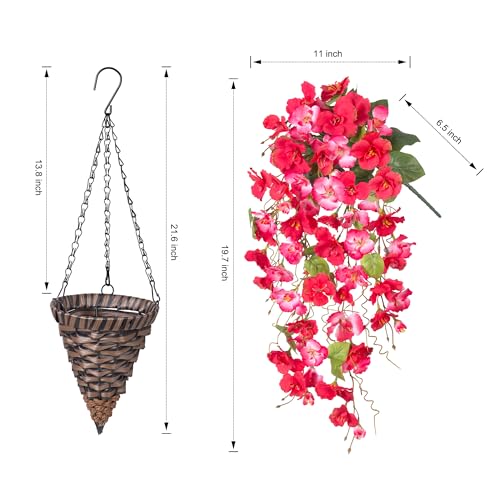 HyeFlora Artificial Fake Hanging Hibiscus Flower Baskets for Outdoor Decoration, Faux Silk Hibiscus Long Vines in Planter UV Resistant Realistic Flowers for Outside Porch Patio Home Decor, RedPink - color: Redpink