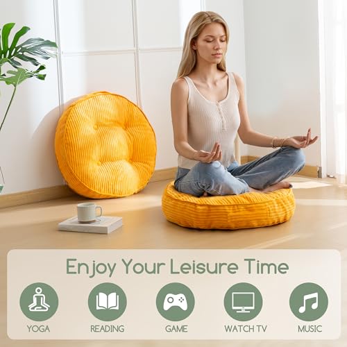 HIGOGOGO Floor Pillow Cushion for Adults, Meditation Cushion Pillow, Large Round Floor Sitting, Tufted Corduroy Cover, for Tatami Living Room or Yoga, 22x22 Inch, 2Pack, Orange - color: Round Orange, size: 4" Thick(Pack of 2)