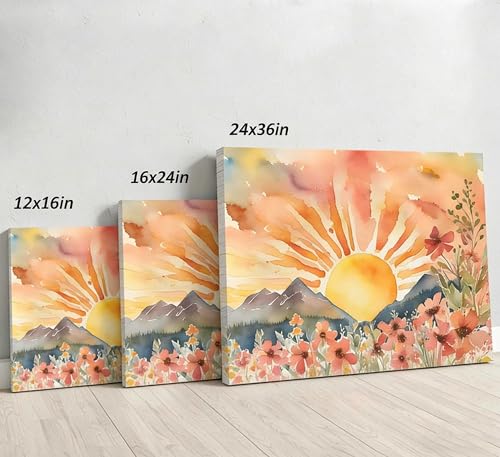 Boho Sun Canvas Wall art Mid-Century Modern Abstract Bohemian Sunset in The Mountains Watercolor Wildflowers Sunrise Landscape Picture Wall Decor Poster Print Artwork for Living Room Bedroom - color: Sunrise-Canvas, size: 16"L x 12"W
