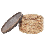 Small Water Hyacinth Storage Basket with Wooden Lid, 7.45" D x 4.1" H Handwoven Round Organizer for Bathroom Vanity, Desk Drawer & Countertop (Small) - size: Small