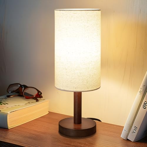 Small Table Lamp for Bedroom, Nightstand Lamp Linen Lampshade Bedroom Wood Base Small Bedside Lamp for Night Stands, Desk Lamps for Reading Living Room, Office (LED Bulb Included) (Black-Walnut Wood) - color: Black-Walnut Wood