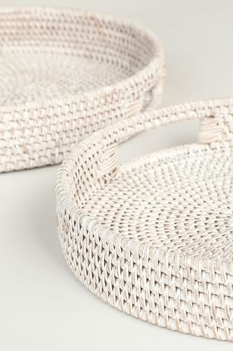 HITOMEN 11.8" Hand-Woven Round Rattan Serving Tray Decorative Wicker Trays with Handles for Coffee Table (Whitewash-M) - color: Whitewash, size: Medium (11.8 inches)