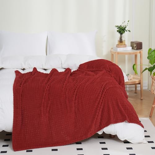 Red Throw Blanket 50"×70" Decorations Fleece Super Soft Plush Fuzzy Cozy Blanket with Square 3D Jacquard Grid Design Luxury Lightweight for Couch Sofa Chair - color: Red, size: 50"×70"