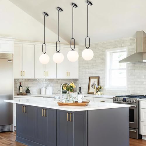 Modern Black Globe Pendant Light Milky White Globe Glass Shade 2 Pack Adjustable Rods Hanging Ceiling Light Fixtures for Kitchen Island Living Room - color: Black 2 Pack-Adjustable Rods