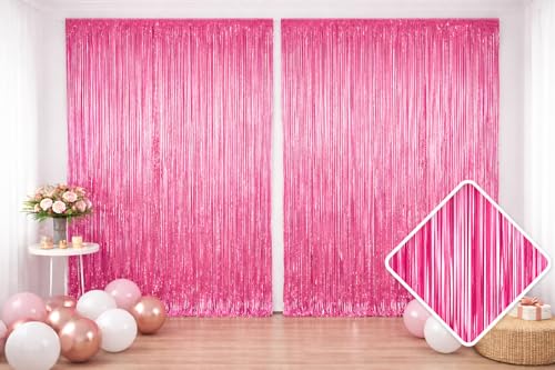 2 Pack Pink Metallic Foil Fringe Curtain Backdrop Streamers Tinsel 3.2ft x 6.4ft. Party Decoration for Birthday, Wedding, New Years Eve, Graduation, Baby Shower - color: Pink