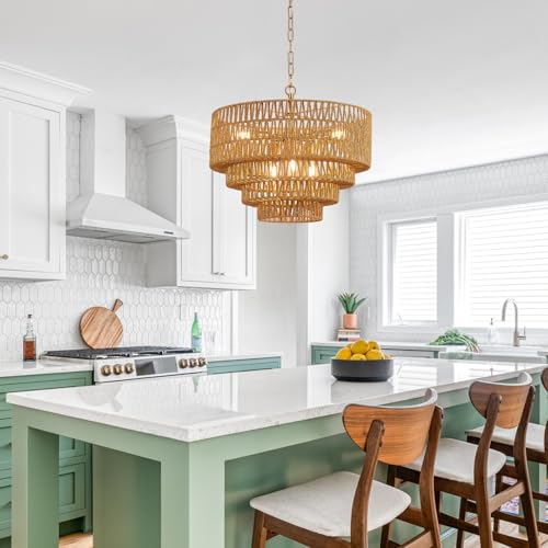 19.7" Gold Boho Rattan Chandelier, 6-Light Vintage Farmhouse Hand Woven Wicker Chandeliers Light Fixture, 4-Tier Rustic Drum Pendant Light for Dining Room Kitchen Island Living Room, E12 - color: Golden 19IN A