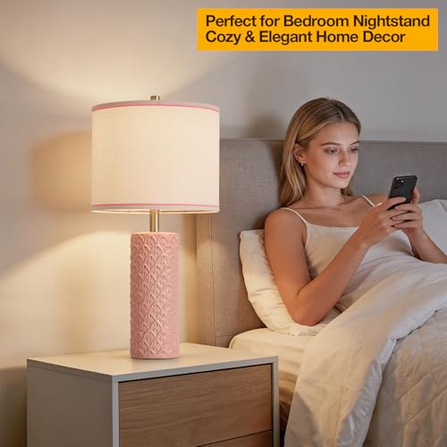 27" Farmhouse Bedside Table Lamp Set of 2, Pink Modern Ceramic Lamps for Living Room, 3 Color Temperature Rustic Table Lamps for Bedroom, Night Stands, Dorm,Office, Home Décor (Bulb Included - color: Pink, size: 27"