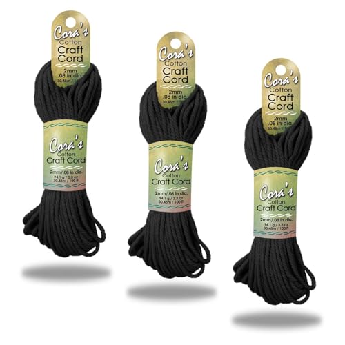 Cora's Cotton Macrame Cord | 2mm x 100ft 3-Pack | Braided Cotton Cord for Macrame | Macrame, DIY Crafts, Plant Hangers, Wall Hanging, Crochet | Durable, Long Lasting, Vibrant (Black) - color: Black