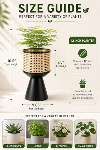 PandS Metal Planter with Stand Beige Rattan-Style Indoor & Outdoor Plant Pot, 12 Inch Decorative Planter with Drainage for Herbs, Succulents & Cactus