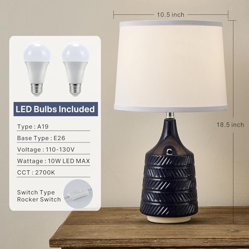 Dark Blue Ceramic Table Lamps Set of 2, 18.5" Modern Bedside Lamps for Night Stands, Classic Small Lamps for Living Room End Tables, Farmhouse Boho Lamp for Bedroom Office, LED Bulbs Included - color: dark blue