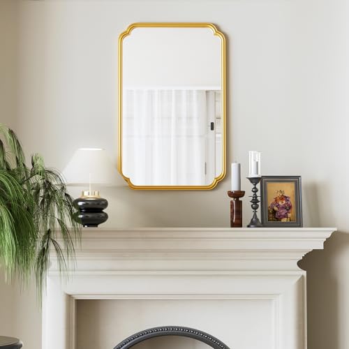 Ferytange 22x34 Inch Gold Bathroom Mirror, Metal Framed Wall Mirror with Rounded Edges, Rustproof Horizontal Vertical Hanging for Vanity Over Sink - color: Gold, size: 34"L x 22"W