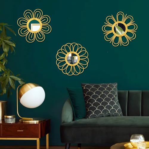 Gold Mirrors 3 Piece, 9 inch Flower-Shaped Mirror Hanging Wall Decor, Valentine Decorative Mirror Wall Art, Round Mirrors for Bedroom,Living Room,Bathroom, House Warming Valentine Gifts - color: Golden-d