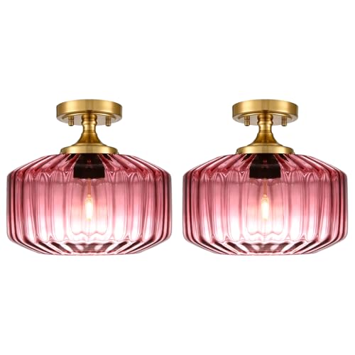2-Pack Purple Ribbed Glass Ceiling Light, Semi Flush Mount Fixture | Anti-Rust, E26 Socket, Easy To Install, Max 60W, Ideal For Bedrooms, Bathrooms, Hallways, Closets, Apartments - color: Purple, 2 Pack