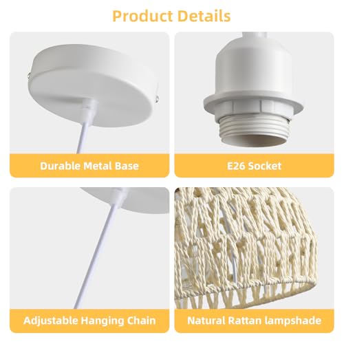 Rattan Pendant Light, 11" Boho Dome Dining Room Chandelier, Cream White Woven Kitchen Pendant Lighting over Island, Coastal Wicker Light Pendant Hanging Light Fixture for Nursery Entryway Bedroom, E26 - color: 11" Cream