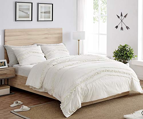 Bohemian Boho Chic Ivory Macrame Tufted Tassel 2 pc. Twin / Twin XL Size Bed Bedding Set Duvet Comforter Cover / Sham Solid Cream Textured Minimalist Off White Cotton Fringe Farmhouse Indie Dorm Teen - color: Ivory, size: Twin