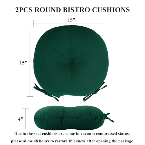 FUNHOME 15"x15"x4" Bistro Chair Cushion Set of 2, Water Repellent Round Outdoor Chair Cushions with Ties, Patio Tufted Chair Pads for Home Garden (Dark Green) - color: Dark Green
