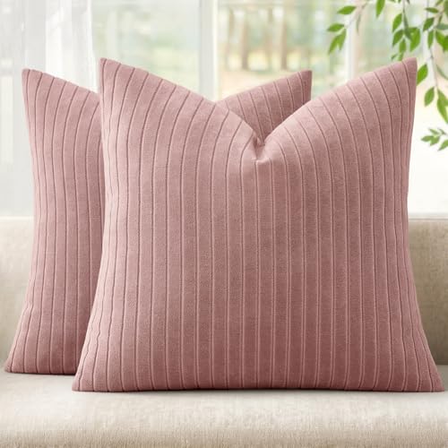 MIULEE Set of 2 Blush Pink Decorative Throw Pillow Covers 18x18 Inch, Thick Soft Textured Striped Cushion Covers, Modern Solid Color Farmhouse Boho Pillow Case for Sofa Couch Bed Living Room - color: Blush Pink, size: 18" x 18" (Pack of 2)
