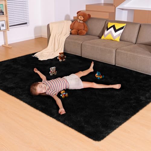 5x7 Black Rug for Living Room Bedroom, Fluffy Large Area Rug Soft Shag Non-Slip Carpet for Kids Boys and Girls Room Dorm Home Decor (5ft x 7ft) - color: Black, size: 5' x 7' (Rectangular)