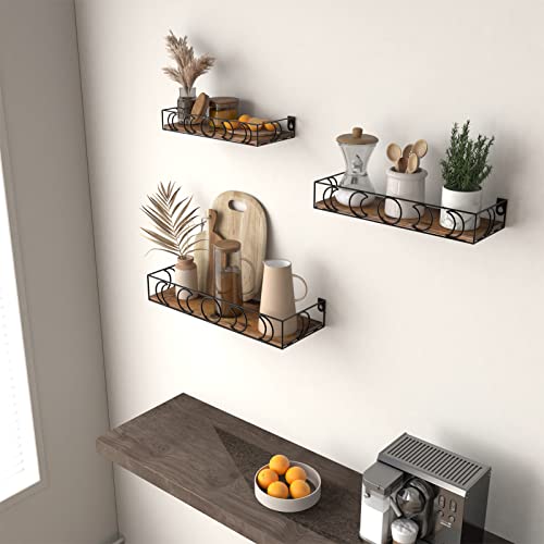 PHAREGE Moon Phase Floating Shelves Brown Black, Set of 3 Small Decorative Wall Shelves for Book Plant Storage, Crystal Figurine Collectibles Display Shelf for Bedroom Kid Room - color: Brown Black