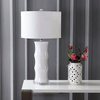 JONATHAN Y 26.5" White Ceramic Table Lamp for Living Room, Bedroom Nightstand, White Linen Drum Shade, Bamboo Design Modern Bedside Desk Lamp with LED Bulb Included (JYL3015C) - color: White