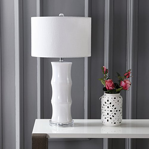 JONATHAN Y 26.5" White Ceramic Table Lamp for Living Room, Bedroom Nightstand, White Linen Drum Shade, Bamboo Design Modern Bedside Desk Lamp with LED Bulb Included (JYL3015C) - color: White