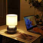Modern Silvery Small Table Lamp with Cotton Linen Shade, 6.2×6.2×10.4 inch LED Desk Light, One-Button Switch for Bedroom, Living Room, Nightstand, Includes Warm Light Bulb - color: Silvery, size: Pack of 1