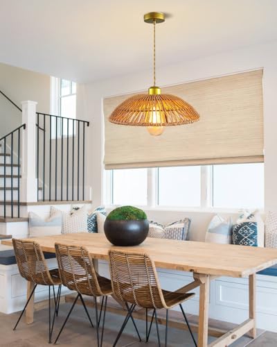 Boho Rattan Pendant Light, 12 Inch Hand Woven Rustic Chandelier, Farmhouse Hanging Ceiling Light Lamp Wicker Chandelier for Dining Room Kitchen Island Living Room - color: 11.81″-Semicircle