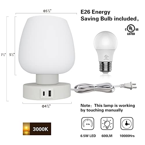 Touch Bedside Table Lamp Set of 2 - Modern Nightstand with USB-C&A Charging, 3-Way Dimmable LED Desk Lamp, White Opal Glass Shade - color: USB-white_2packs, size: USB