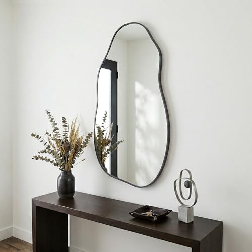 Irregular Wall Mirror 30"x16.5", Small Asymmetrical Mirror for Wall Decor, Matte Black Rust Proof Aluminum, Tempered Glass Wavy Mirror for Powder Room, Entryway & Aesthetic Bedroom - color: Black, size: 30"L x 16.5"W