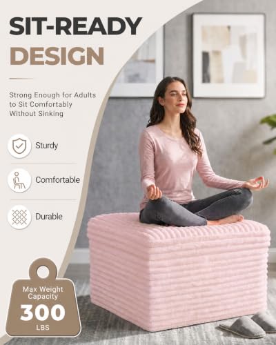23.6in Pouf Ottoman, Corduroy Ottoman Foot Rest with Dual‑Layer Support, Large Poofy Pouf with Soft Chunk‑Foam Top & Firm Foam Base, Floor Foot Stool for Living Room, Pink - color: Pink
